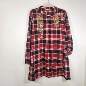 NEW Mystree Red Plaid Flannel Floral Embroidered Cottagecore Tunic Dress LARGE
